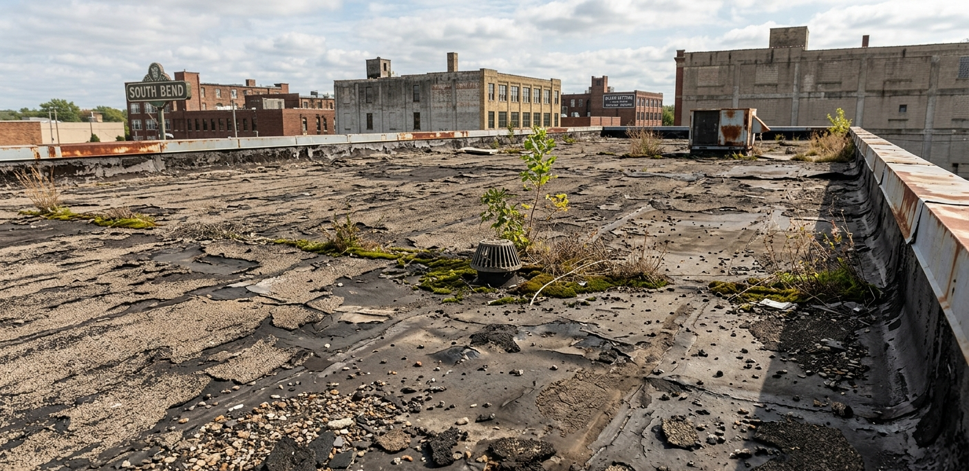 Rooftop covered in tar and debris, with small plants sprouting and city buildings in the background.