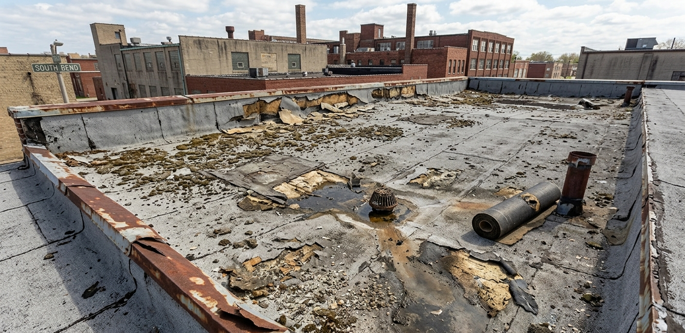 Rooftop covered in debris and roofing materials, with city buildings in the background.
