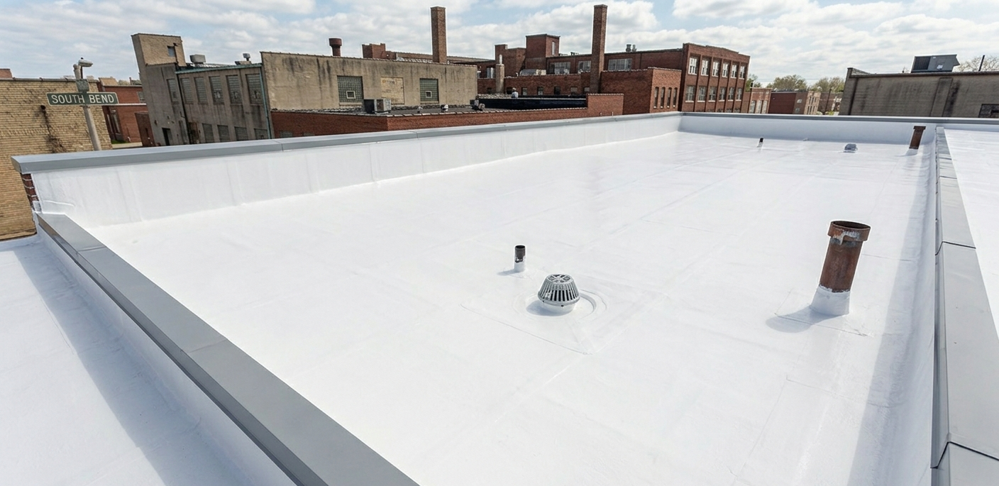 Flat white rooftop with vents and surrounding city buildings under a bright sky