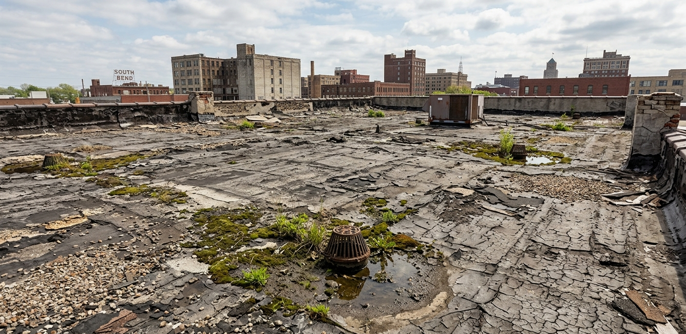 Rooftop with cracked concrete and moss, overlooking a city skyline under cloudy skies.