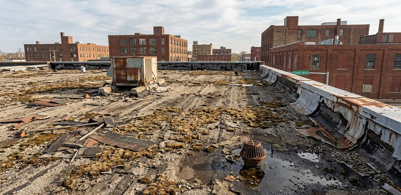 Rooftop with peeling debris and damaged surface overlooking red brick buildings under a clear sky