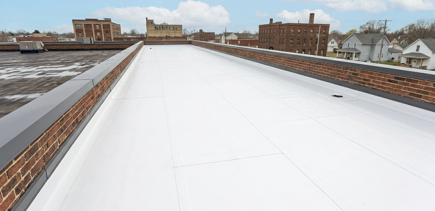 Snow-covered flat rooftop with brick parapet walls and apartment buildings in the distance