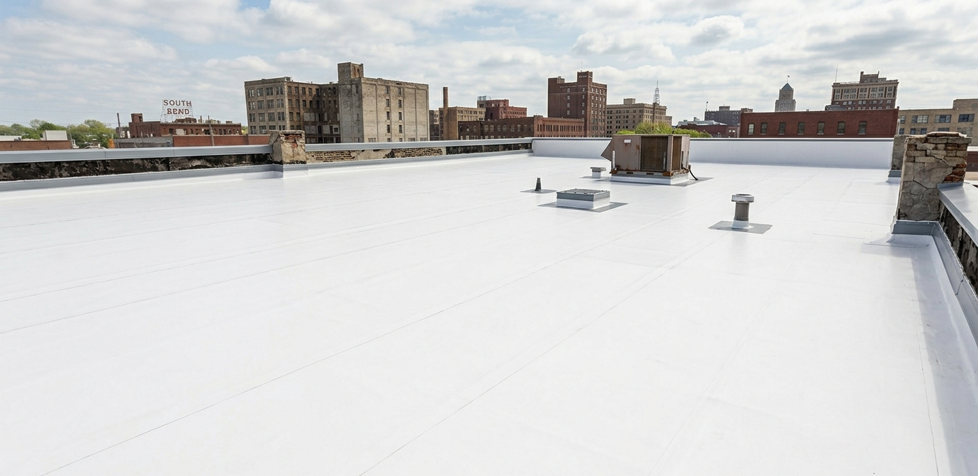 Snow-covered rooftop with city buildings and cloudy sky in the background