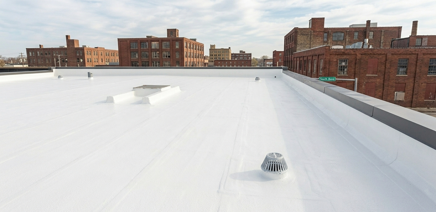 Snow-covered rooftop with red brick buildings in the background and a small vent in the foreground