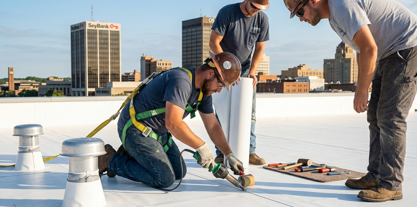 Three workers installing roofing on a flat rooftop with tools and city buildings in the background