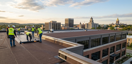 Workers in high-visibility vests on a rooftop overlooking a city skyline at sunset