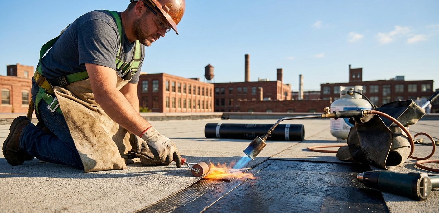 Worker using a torch on a rooftop, cutting metal beside a coiled hose and safety gear