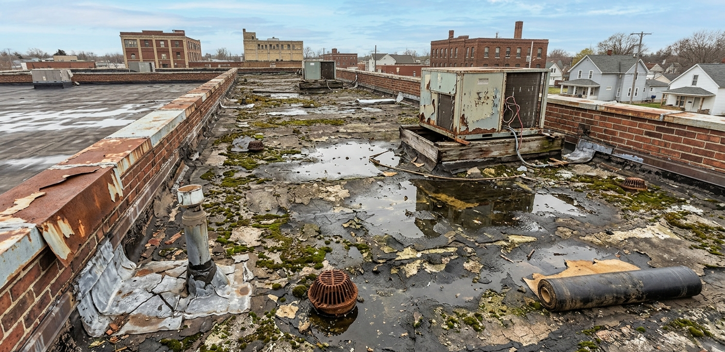 Rooftop covered in puddles and debris, with low brick walls and distant buildings under a cloudy sky.