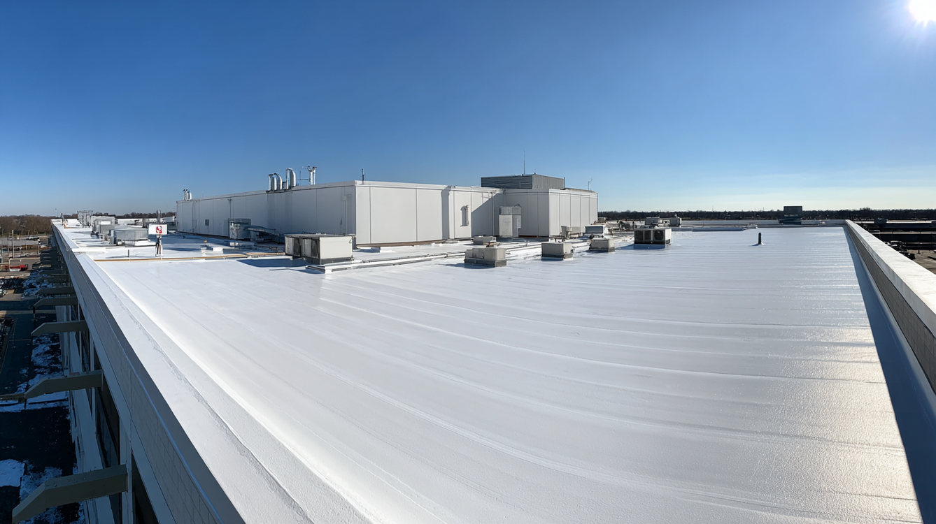 Snow-covered flat rooftop with HVAC units under a clear blue sky