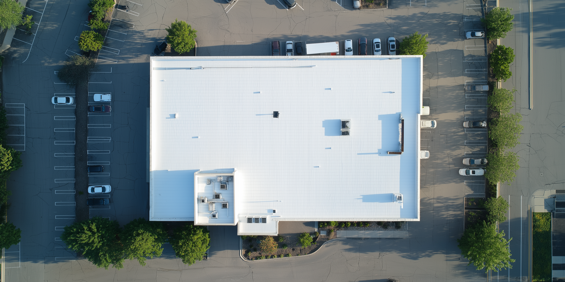 Aerial view of a large white-roofed building with parking lots and trees around it.