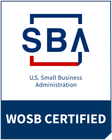 SBA WOSB Certified badge with U.S. Small Business Administration logo in red, white, and blue