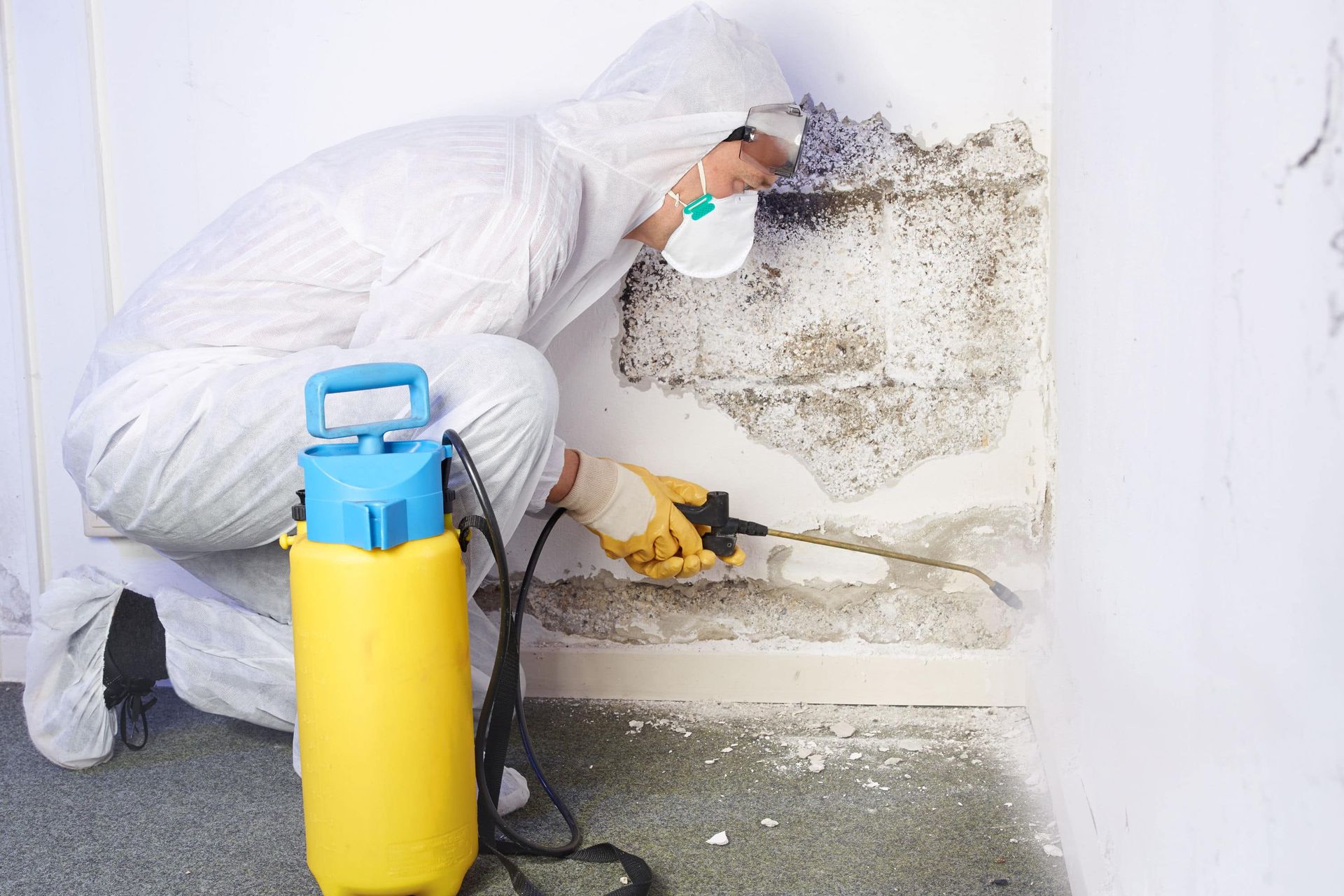 Een persoon in een beschermend pak en masker spuit een chemisch middel op een schimmelplek op een witte binnenmuur.