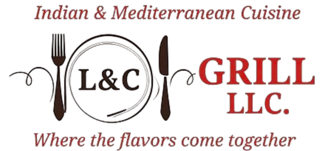 L&C Grill LLC Logo for L&C Grill, an Indian and Mediterranean restaurant, featuring a fork, knife, plate, and text.