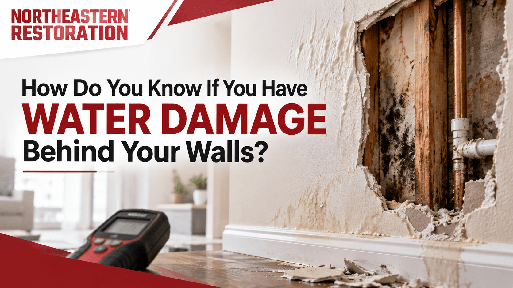 Northeastern Restoration ad asking how to know if you have water damage behind your walls, with a damaged wall close-up