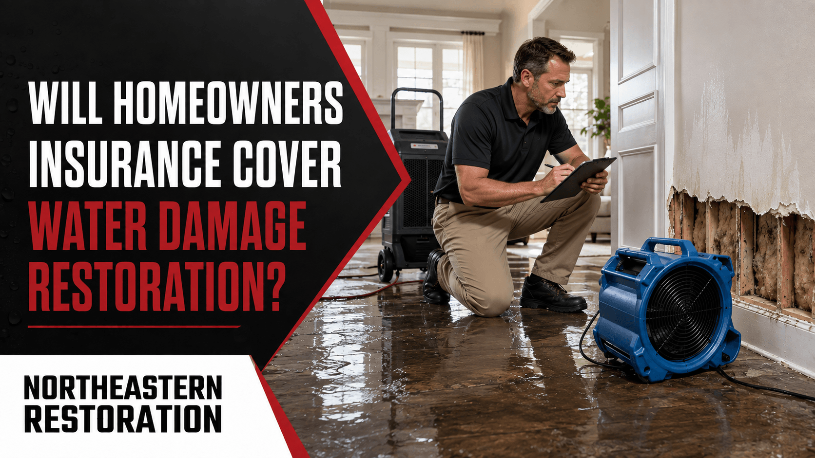 Flood-damaged room with a man kneeling by a blue water extractor; text asks if homeowners insurance covers water damage restoration.