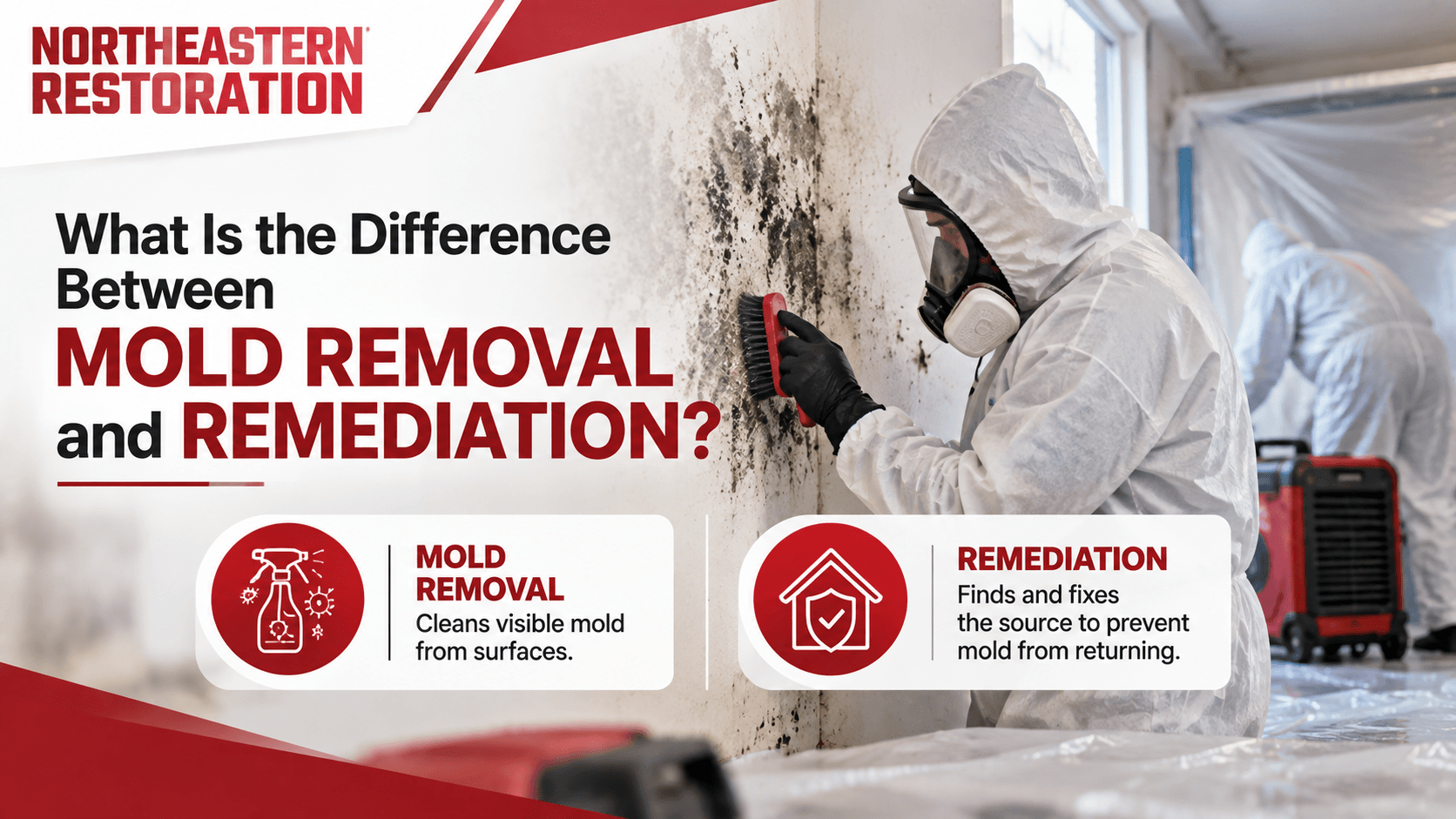 Northeastern Restoration ad comparing mold removal and remediation with a worker in white protective gear spraying a damaged wall