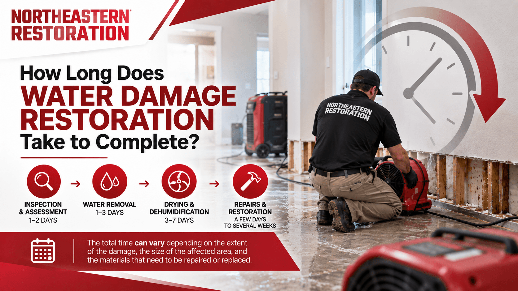 Water damage restoration ad with technician drying a flooded basement under a wall clock graphic