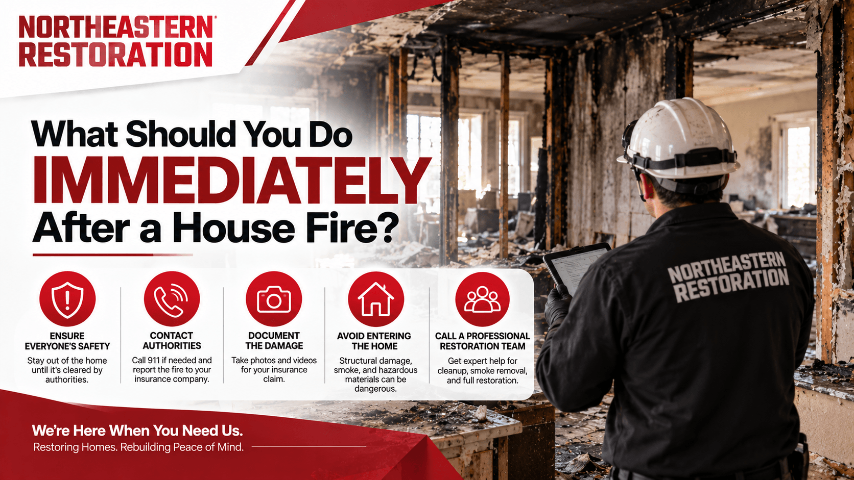 Infographic on immediate steps after a house fire, with a firefighter and burned home backdrop.