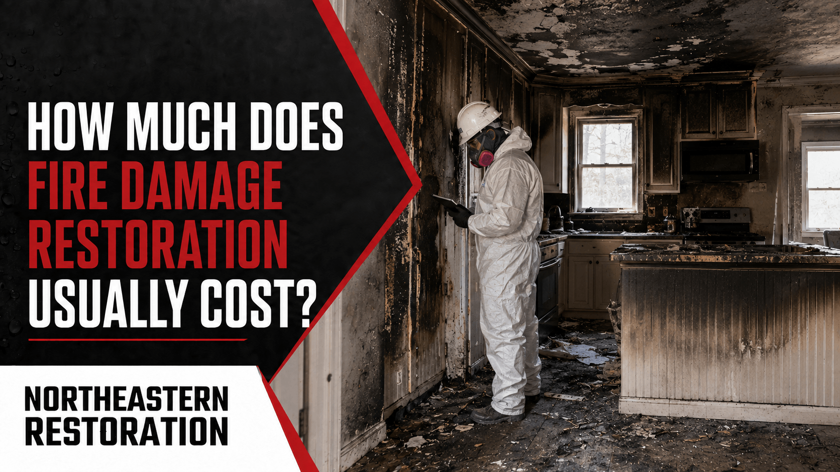 Fire-damaged room with person in protective suit and text: “How much does fire damage restoration usually cost?”