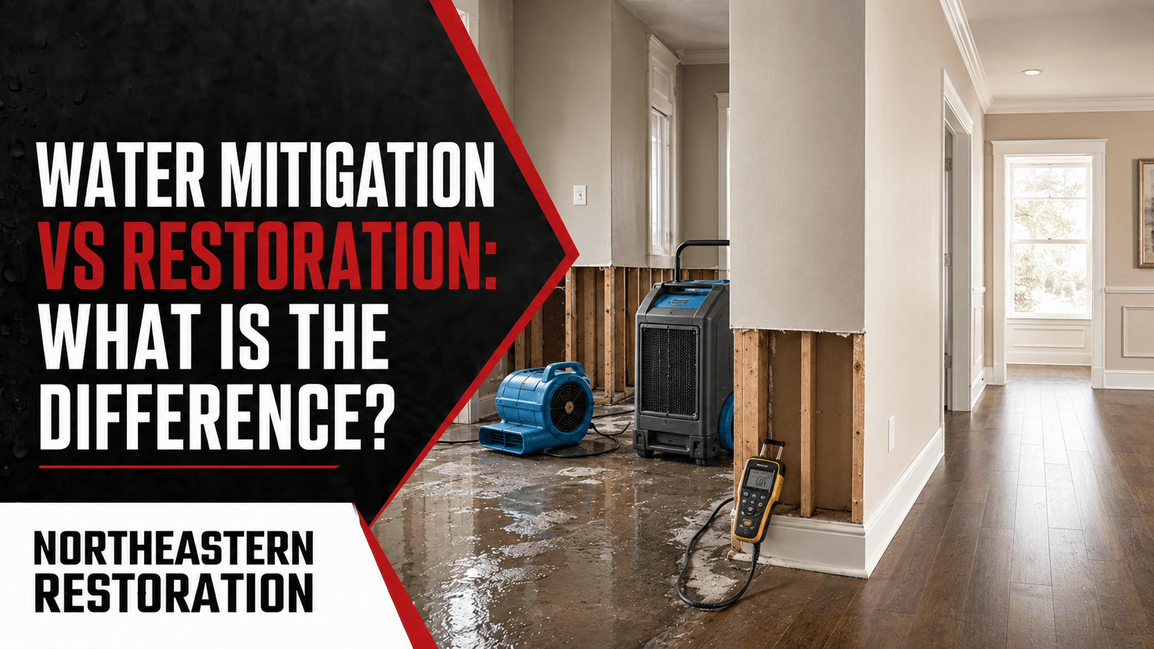 Water mitigation vs restoration text over flooded hallway with wet floor, fan, and damaged walls