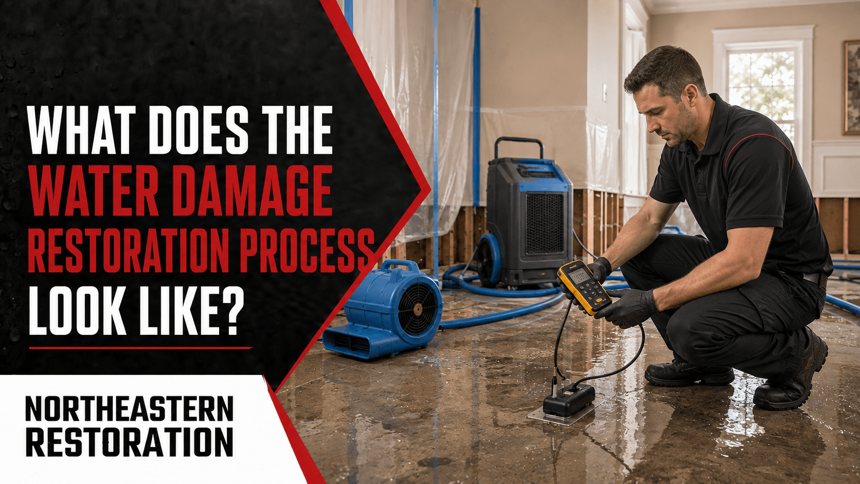 Technician removes water from flooded floor with extractor in a damaged room; text asks about water damage restoration process