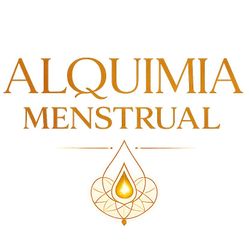 Logotipo con texto dorado “ALQUIMIA MENSTRUAL” y una gota dorada estilizada sobre un emblema floral sobre fondo blanco.