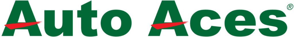 Auto Aces logo: Green text with red line through