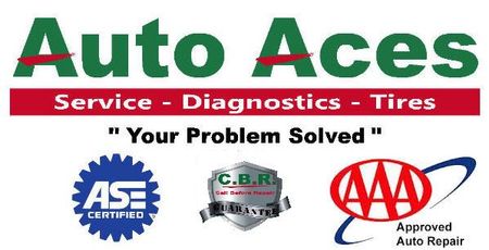 Logo for Auto Aces: Green text with red accents. Includes service, diagnostics, and tires, plus ASE, CBR, and AAA logos.