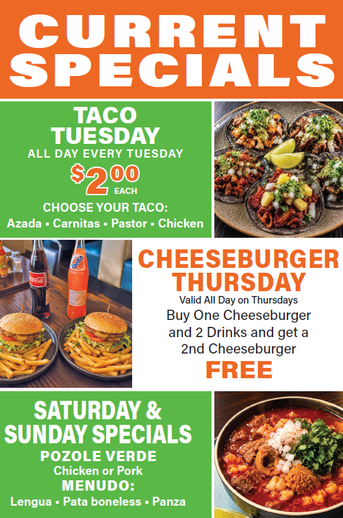 Restaurant specials poster with taco Tuesday, cheeseburger Thursday, and Saturday/Sunday specials, plus food photos