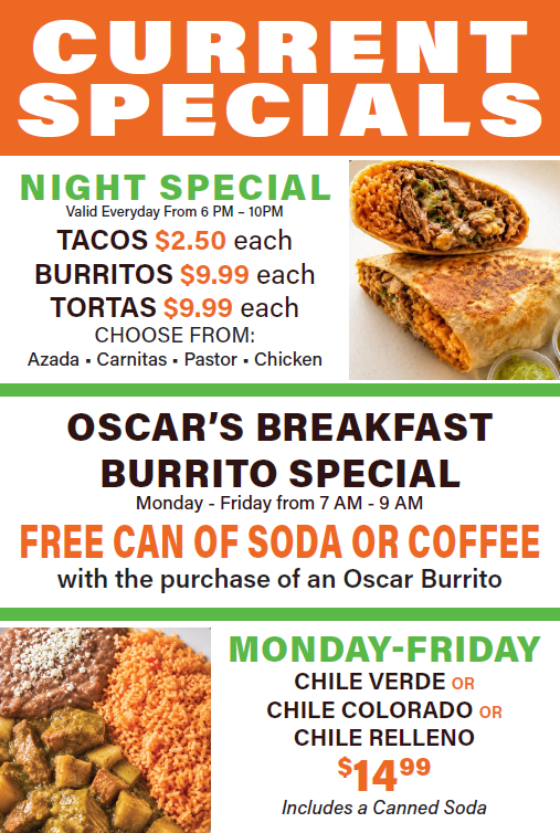 Restaurant specials poster with tacos, burritos, breakfast burrito, and Monday-Friday chile verde and chile colorado deals