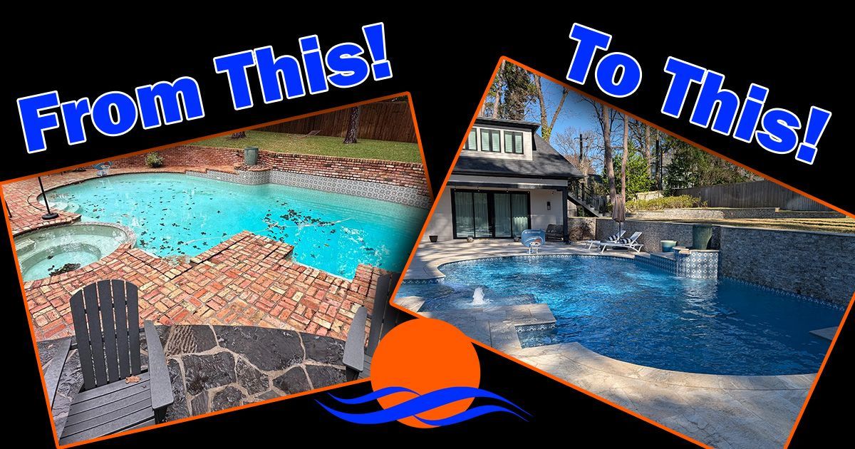 Brick-lined pool filled with water and leaves, surrounded by patio furniture and a grassy lawn, trees in the background.