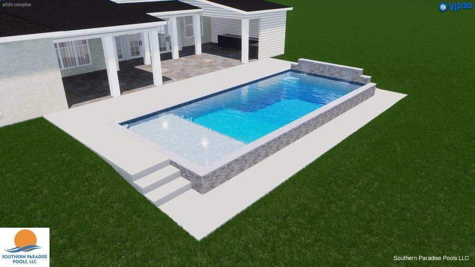 Rendering of a rectangular pool with steps and a raised wall, next to a patio and house.