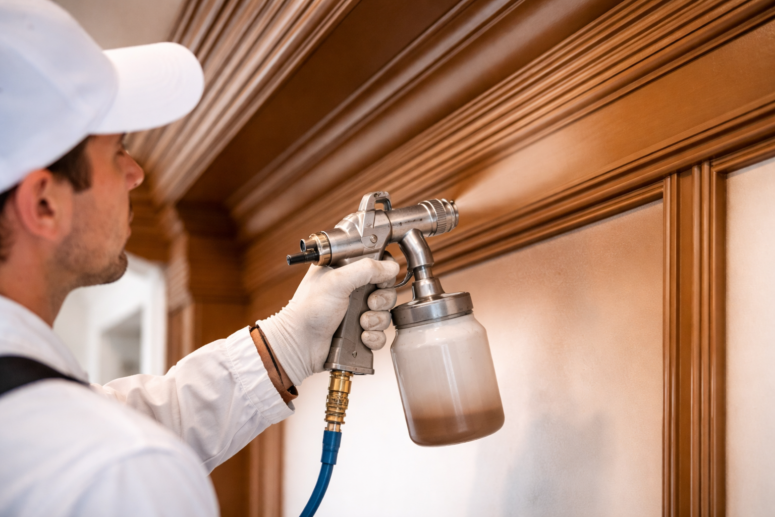 A person in white work clothes and gloves using a spray gun to apply a brown finish to wooden trim on a wall.