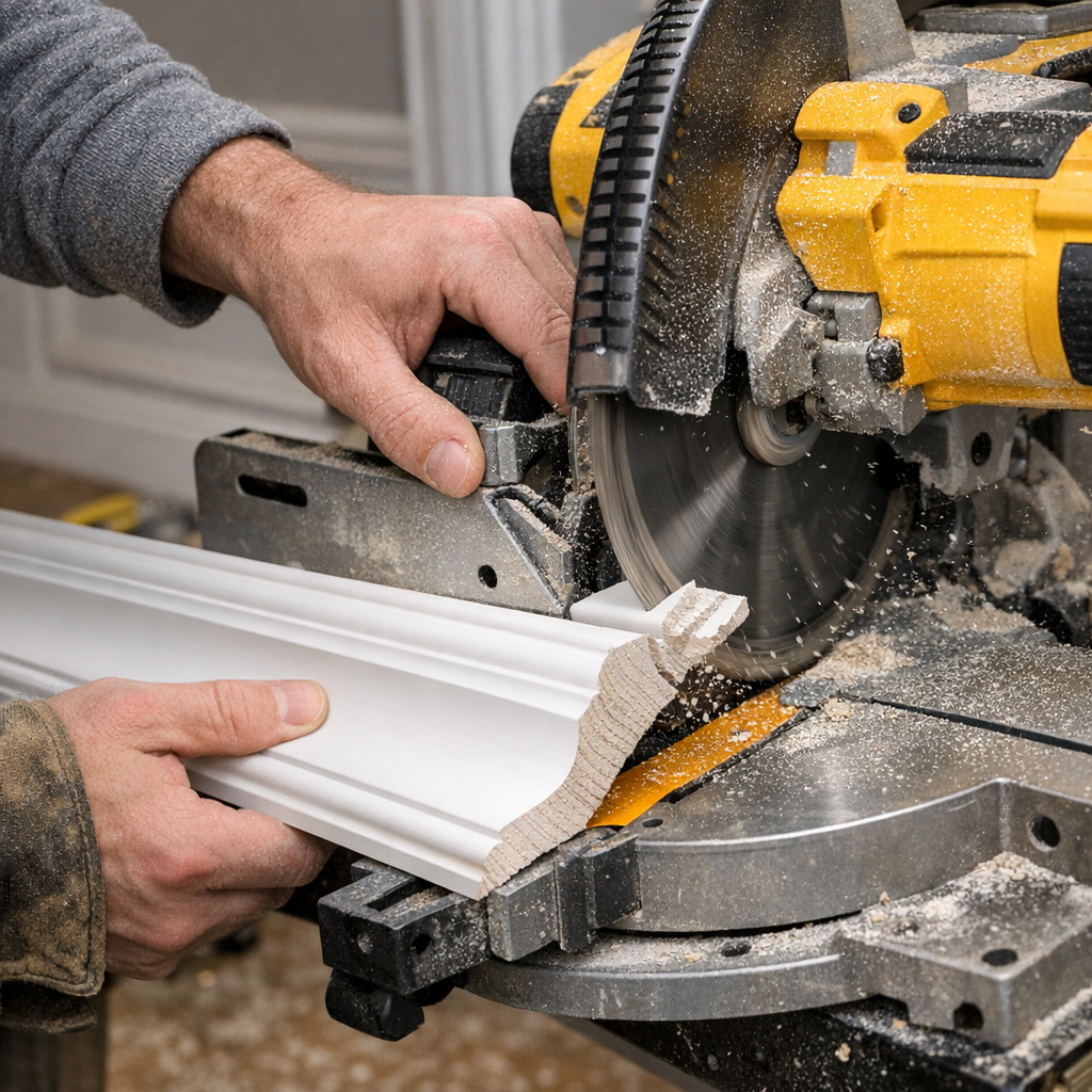 Hands using a yellow miter saw to cut a piece of decorative white molding.