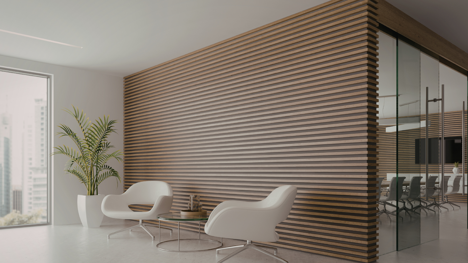 Modern lounge with white chairs, glass table, potted plant, and wood-slat accent wall overlooking city windows