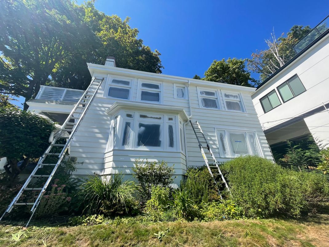 White house with multiple ladders leaning against it, surrounded by bushes on a sunny hillside