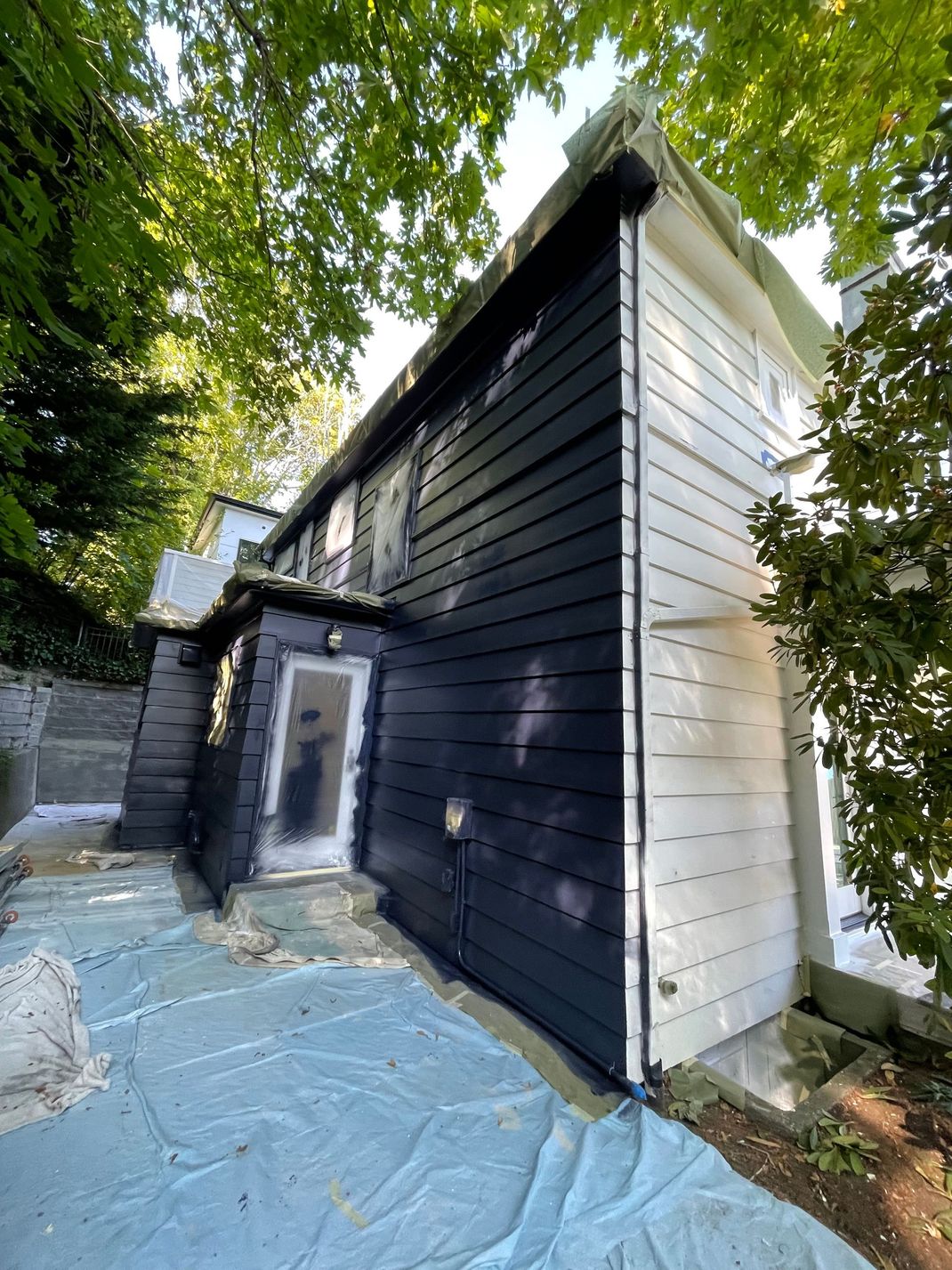Black house exterior with white trim and a door, viewed from the side under trees.