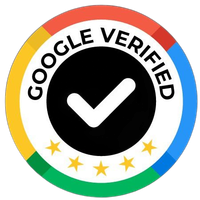 Google verified badge with black checkmark, colored ring, and stars