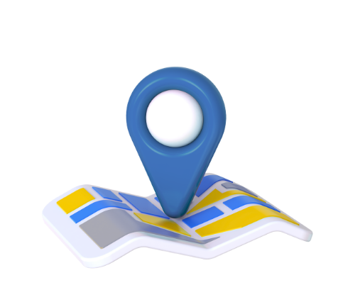 Blue map pin on a folded map with yellow and blue route markings