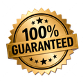 Gold “100% Guaranteed” seal with black text and stars