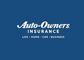 Blue logo for Auto-Owners Insurance, listing Life, Home, Car, and Business insurance services in white text.