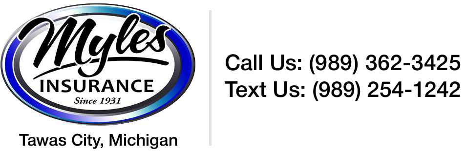 Logo for Myles Insurance in Tawas City, Michigan, featuring phone numbers for calling (989) 362-3425 and texting 254-1242.