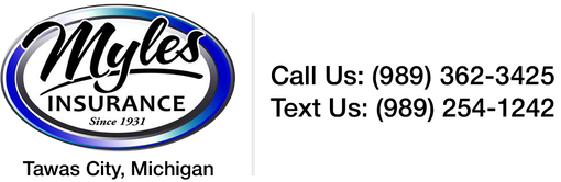 Logo for Myles Insurance in Tawas City, Michigan, featuring phone numbers for calling (989) 362-3425 and texting 254-1242.