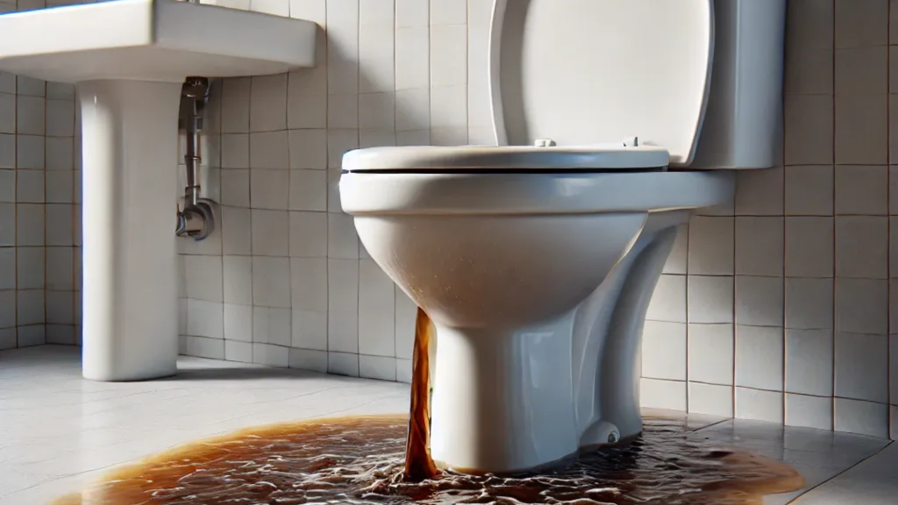 Toilet overflowing with brown water onto bathroom floor.