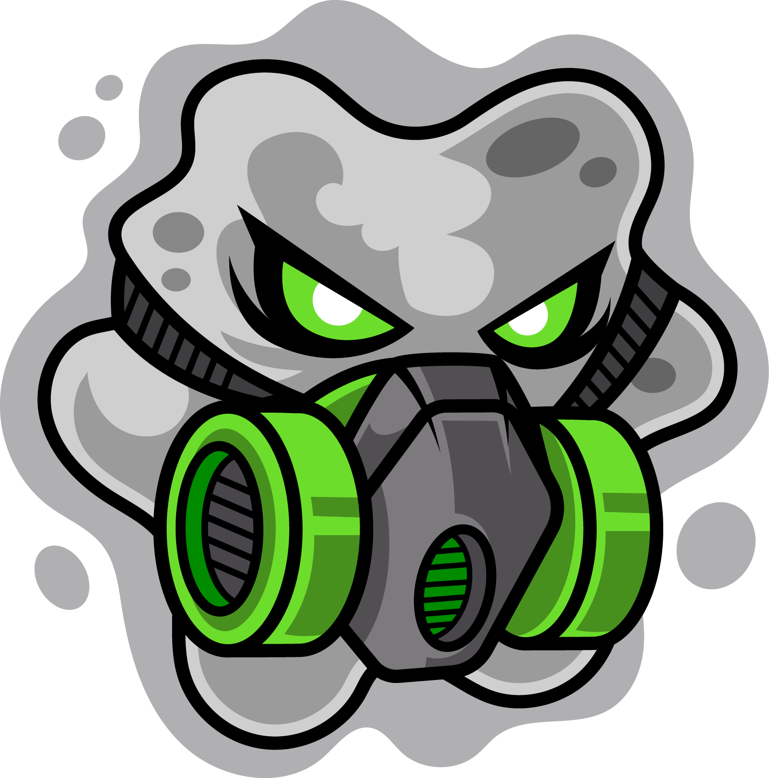 Cartoon monster with glowing green eyes wearing a gas mask, surrounded by grey smoke.