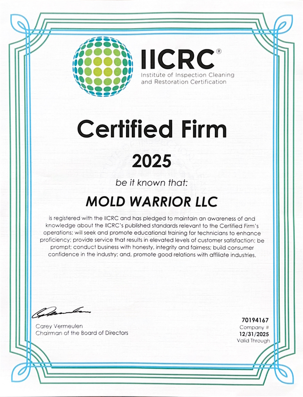 IICRC Certified Firm Certificate for Mold Warrior LLC, valid through 2025, with a blue border.