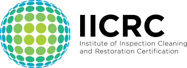 Logo for IICRC, with a globe of green and blue dots and the text