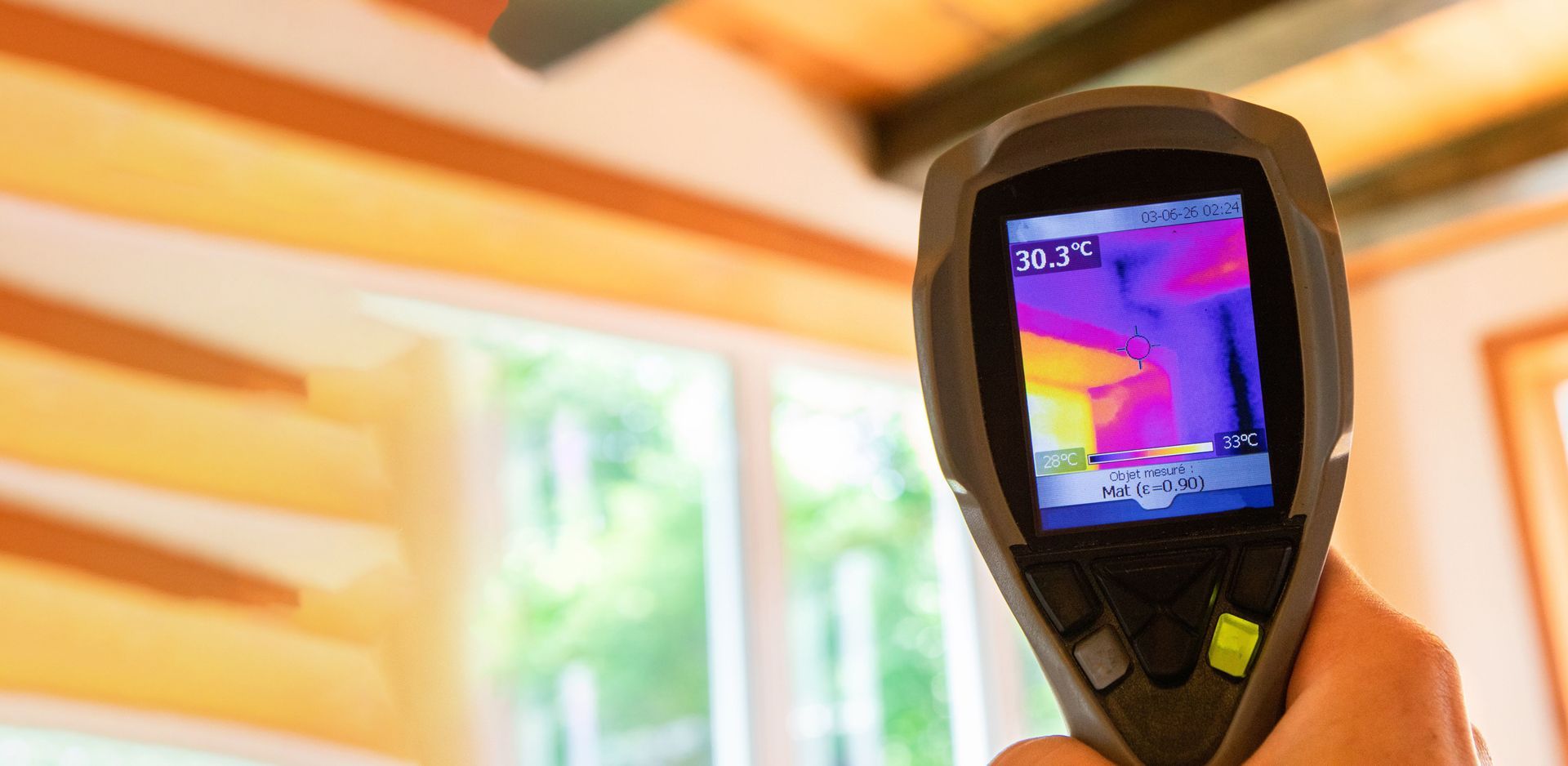 A person holding a thermal imaging camera, displaying a heat map of a room.