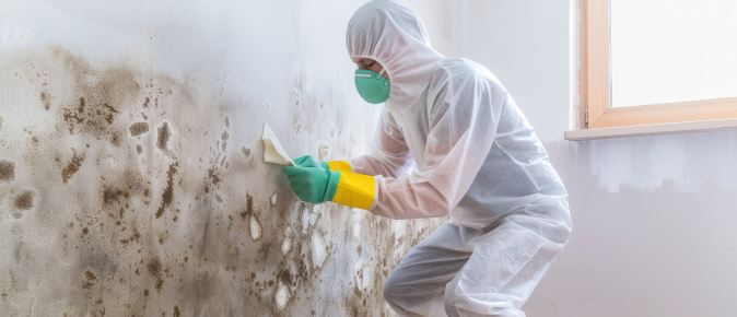 A man in a protective suit and mask is cleaning a wall.