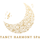 The logo for yancy harmony spa is a crescent moon made of music notes.